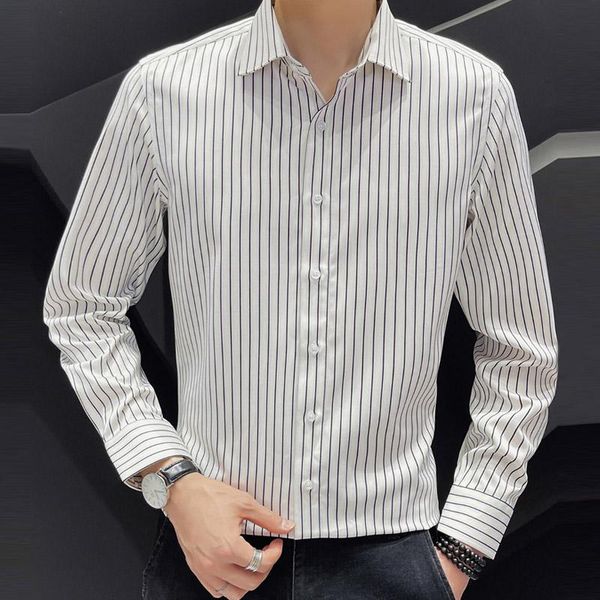 men's dress shirts 2021 youth fashion classic mens striped business casual long sleeve button up slim fit easy care stretch shirt, White;black
men's dress shirts 2021 youth fashion classic mens striped business casual long sleeve button up slim fit easy care stretch shirt, White;black