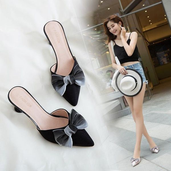 slippers sandals women's fashion 2021 sweet bow baotou half high heel stiletto shoes., Black
slippers sandals women's fashion 2021 sweet bow baotou half high heel stiletto shoes., Black