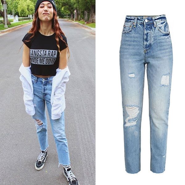 jeans fashion chic high waist 100% cotton hole ripped jeans for women casual bleached distressed denim pants jumpers, Blue
jeans fashion chic high waist 100% cotton hole ripped jeans for women casual bleached distressed denim pants jumpers, Blue