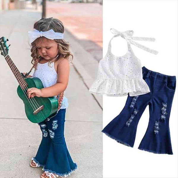 1 6y fashion summer kids girls clothes sets lace flowers solid sleeveless belt vest denim hole flare pants, White
1 6y fashion summer kids girls clothes sets lace flowers solid sleeveless belt vest denim hole flare pants, White
