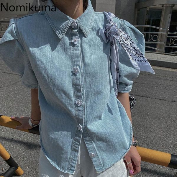 women's blouses & shirts nomikuma sweet denim women turn down collar short puff sleeve unicolor korean style casual blusas mujer, White
women's blouses & shirts nomikuma sweet denim women turn down collar short puff sleeve unicolor korean style casual blusas mujer, White