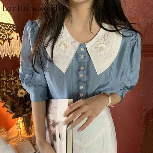 women blouse floral embroidery peter pan collar hit color summer puff short sleeve korean sweet shirts 210730, White
women blouse floral embroidery peter pan collar hit color summer puff short sleeve korean sweet shirts 210730, White