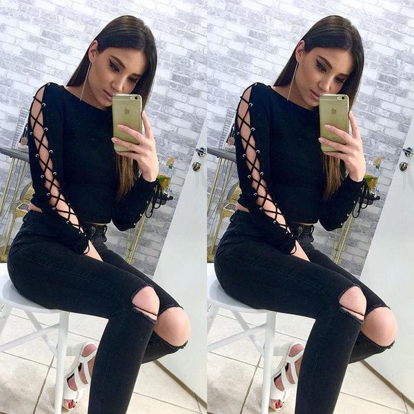 women's t-shirt fashion women long sleeve shirt casual bandage crop loose, White
women's t-shirt fashion women long sleeve shirt casual bandage crop loose, White