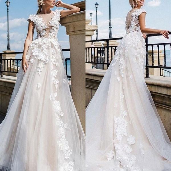 gorgeous appliques lace cap sleeve wedding dresses illusion bodice tulle a line garden long plus size bridal gown, White
gorgeous appliques lace cap sleeve wedding dresses illusion bodice tulle a line garden long plus size bridal gown, White