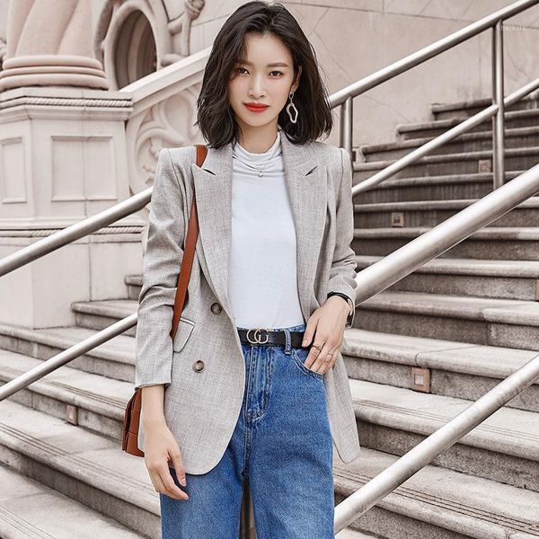 grey suit coat for women's leisure polyester double breasted regular blazers long-sleeve notched collar, White;black 
grey suit coat for women's leisure polyester double breasted regular blazers long-sleeve notched collar, White;black