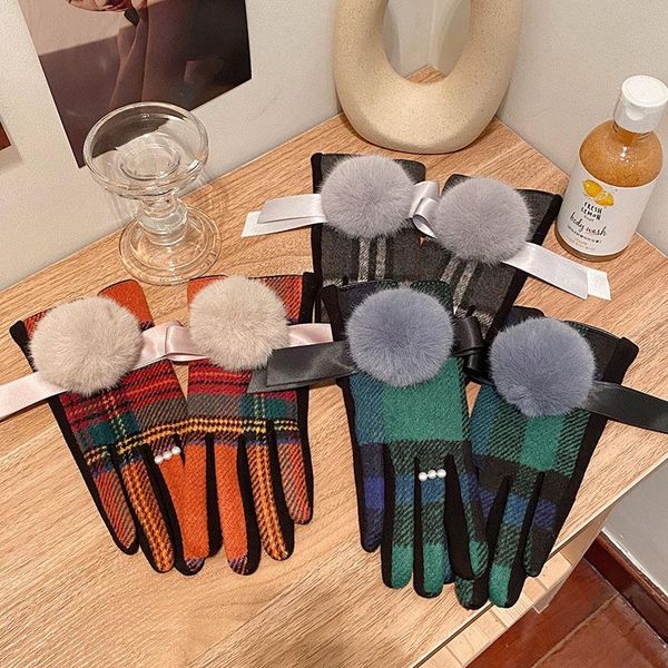 five fingers gloves plaid style winter for women christmas gift large fur ball warm velvet wool touch mitten female guantes, Blue;gray
five fingers gloves plaid style winter for women christmas gift large fur ball warm velvet wool touch mitten female guantes, Blue;gray