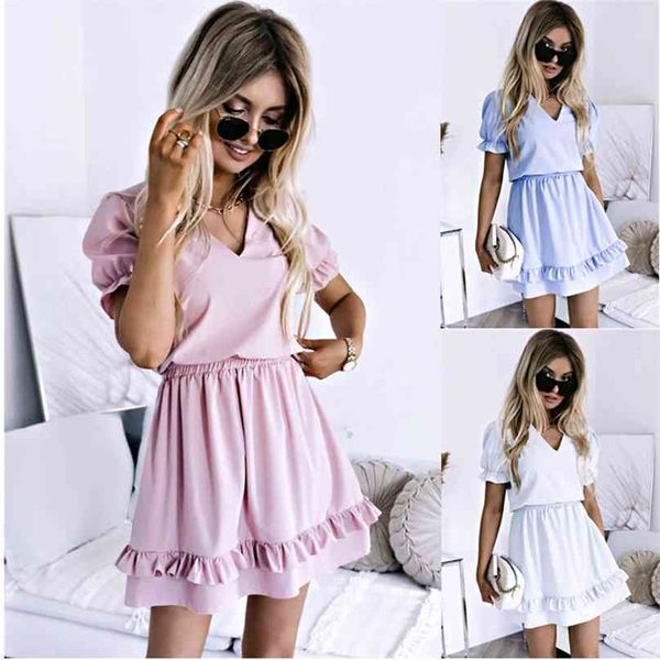 solid color women casual summer ruffles mini dress fashion v neck short sleeve elastic waist a line elegant party 210603, Black;gray
solid color women casual summer ruffles mini dress fashion v neck short sleeve elastic waist a line elegant party 210603, Black;gray