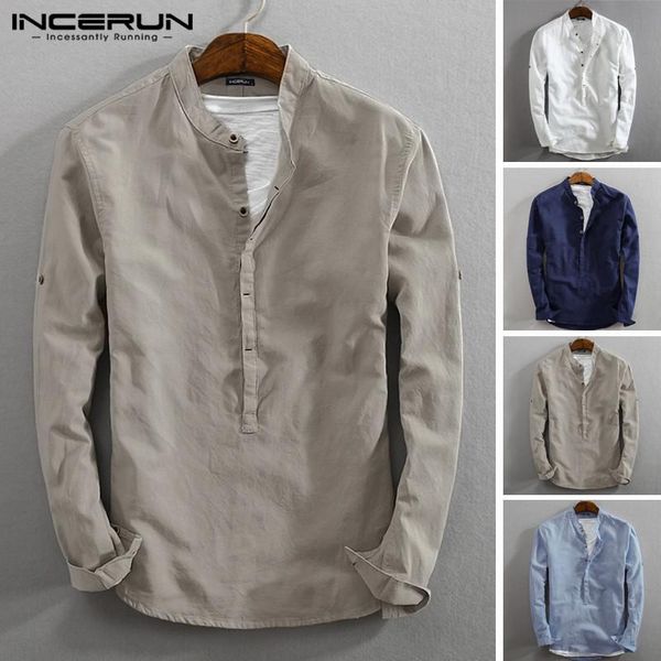 men's casual shirts incerun vintage men shirt long sleeve cotton linen stand collar solid business streetwear henley harajuku 2021, White;black
men's casual shirts incerun vintage men shirt long sleeve cotton linen stand collar solid business streetwear henley harajuku 2021, White;black
