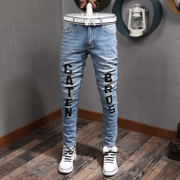 men's jeans european american street fashion men retro light blue elastic slim fit printed designer hip hop denim punk pants
men's jeans european american street fashion men retro light blue elastic slim fit printed designer hip hop denim punk pants