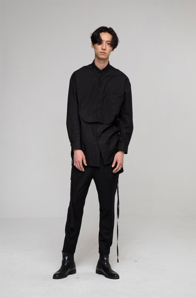 men's casual shirts summer standing collar bib front design stylish personality stitching cotton black long-sleeved shirt, White;black
men's casual shirts summer standing collar bib front design stylish personality stitching cotton black long-sleeved shirt, White;black