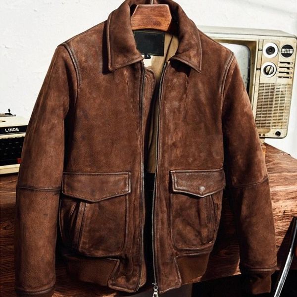 men cow vintage leather motorcycle jacket autumn casual outerwear genuine coat lapel long sleeve pocket bomber jackets men's & faux, Black 
men cow vintage leather motorcycle jacket autumn casual outerwear genuine coat lapel long sleeve pocket bomber jackets men's & faux, Black