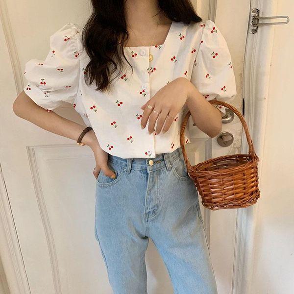 retro square collar open collarbone blouse women summer pullover print puff short sleeve blusas slim wild shirt women's blouses & shirt, White 
retro square collar open collarbone blouse women summer pullover print puff short sleeve blusas slim wild shirt women's blouses & shirt, White