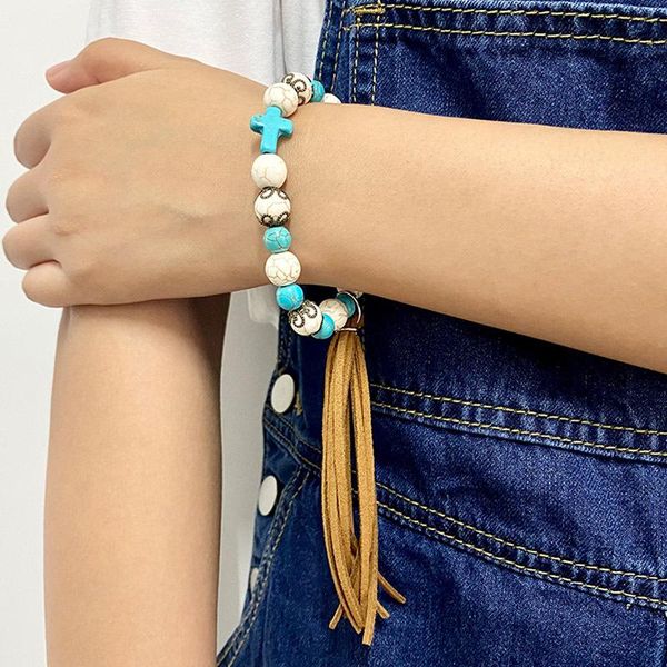 link, chain boho turquoise cross pave bead velvet fringe tassel pendant elastic bracelets for women ethnic style lovely daily jewelry, Black 
link, chain boho turquoise cross pave bead velvet fringe tassel pendant elastic bracelets for women ethnic style lovely daily jewelry, Black
