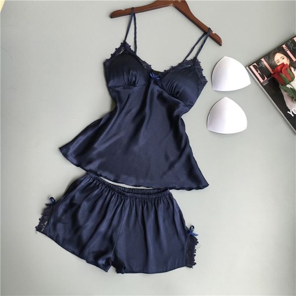 

cotton two piece set women sleepwear silk pajamas chest pad nightwear summer lace homewear lingerie 210607, Black;red