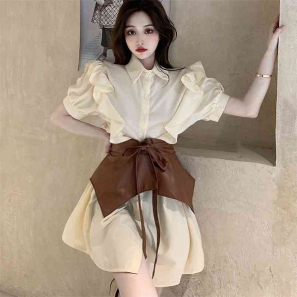 fashion women shirt dress summer korean short sleeve lady chic ruffles mini dresses vestidos with belt 210519, Black;gray
fashion women shirt dress summer korean short sleeve lady chic ruffles mini dresses vestidos with belt 210519, Black;gray