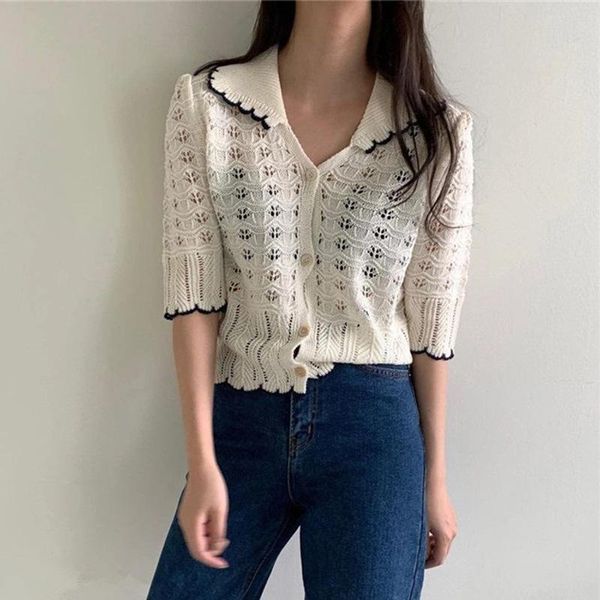 women's polos summer doll collar hollow short sleeve knit sweater women slim puff cardigan, White
women's polos summer doll collar hollow short sleeve knit sweater women slim puff cardigan, White