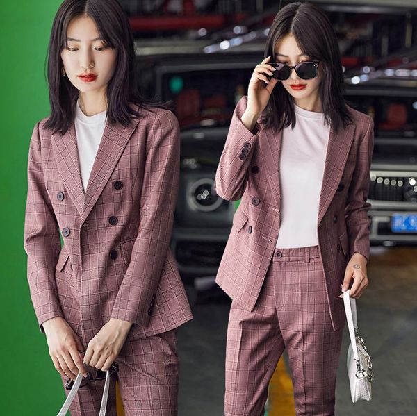 women fashion pant suit pink green check style double breasted blazer women's two piece pants, White
women fashion pant suit pink green check style double breasted blazer women's two piece pants, White