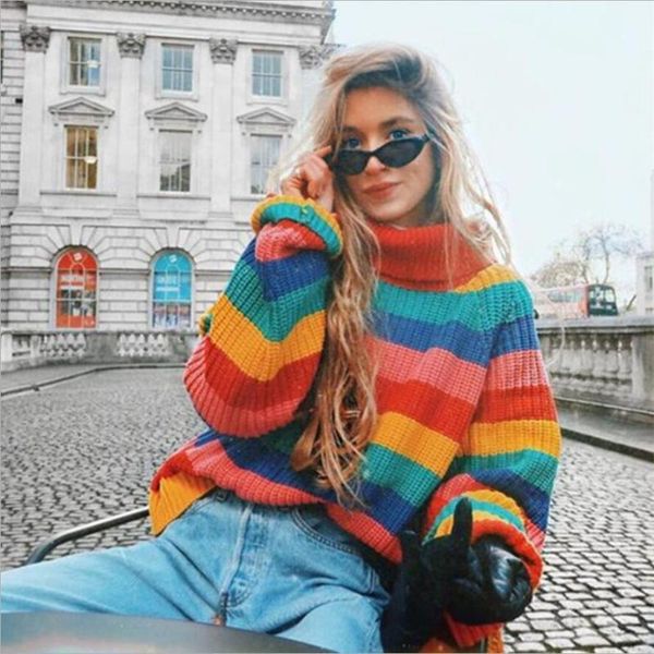 women's sweaters turtleneck sweater pullovers loose knitted rainbow color striped ladies pullover casual jumper, White;black
women's sweaters turtleneck sweater pullovers loose knitted rainbow color striped ladies pullover casual jumper, White;black