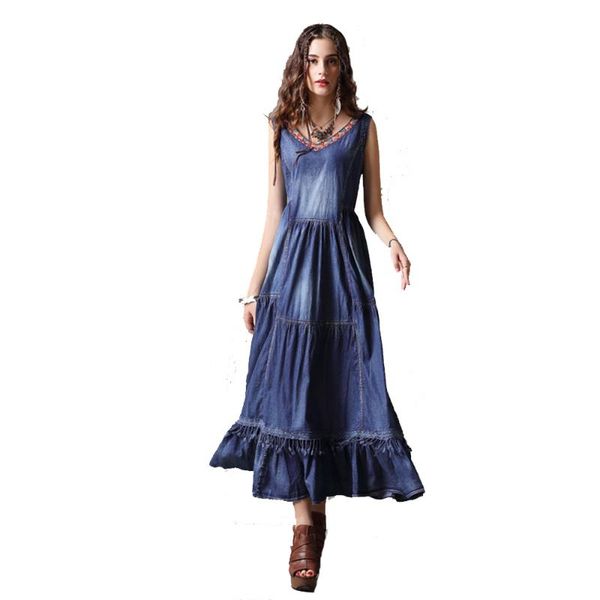 women v collar sleeveless embroidery lacing lap denim dress pleated spilicing pattern long jeans clothing fs1035 casual dresses, Black;gray
women v collar sleeveless embroidery lacing lap denim dress pleated spilicing pattern long jeans clothing fs1035 casual dresses, Black;gray