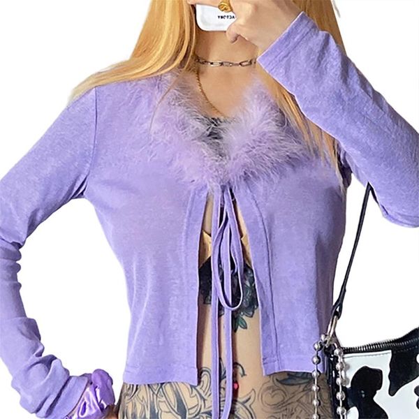 women's t-shirt women autumn casual long sleeve cardigan fashion solid color fur v-neck lace up exposed navel purple tee, White
women's t-shirt women autumn casual long sleeve cardigan fashion solid color fur v-neck lace up exposed navel purple tee, White