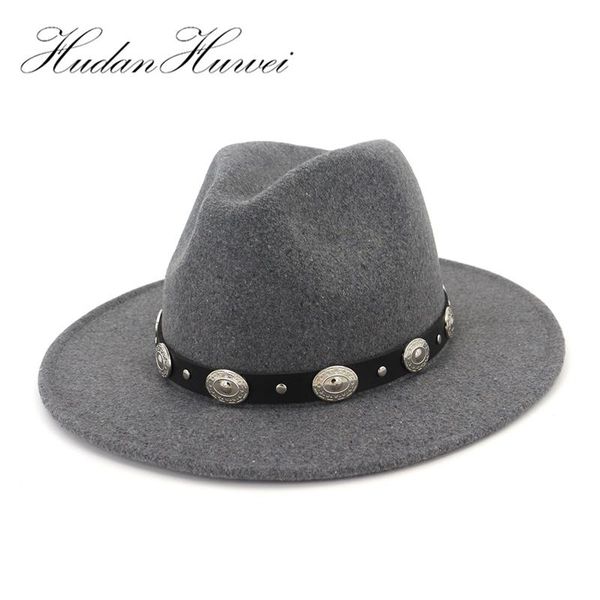 autumn winter wool jazz hat cap panama fedora hats with leather rivet decorated trilby felt chapeau for men wome wide brim, Blue;gray
autumn winter wool jazz hat cap panama fedora hats with leather rivet decorated trilby felt chapeau for men wome wide brim, Blue;gray