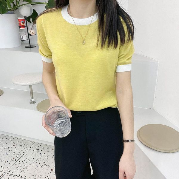 women's t-shirt round neck short sleeve knitted color-contrasting stripe slimming summer clothing, White
women's t-shirt round neck short sleeve knitted color-contrasting stripe slimming summer clothing, White