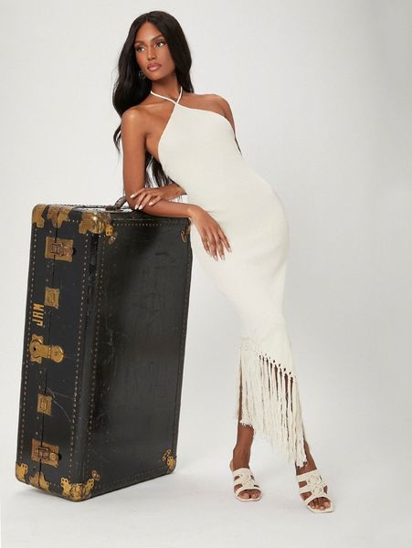 backless halterneck asymmetrical fringe hem bodycon dress u3pq#, Black;gray