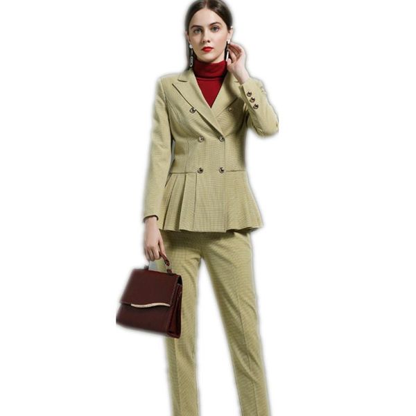 women's two piece pants women suits casual suit set elegant ladies yellow plaid blazer jacket business attire, White 
women's two piece pants women suits casual suit set elegant ladies yellow plaid blazer jacket business attire, White