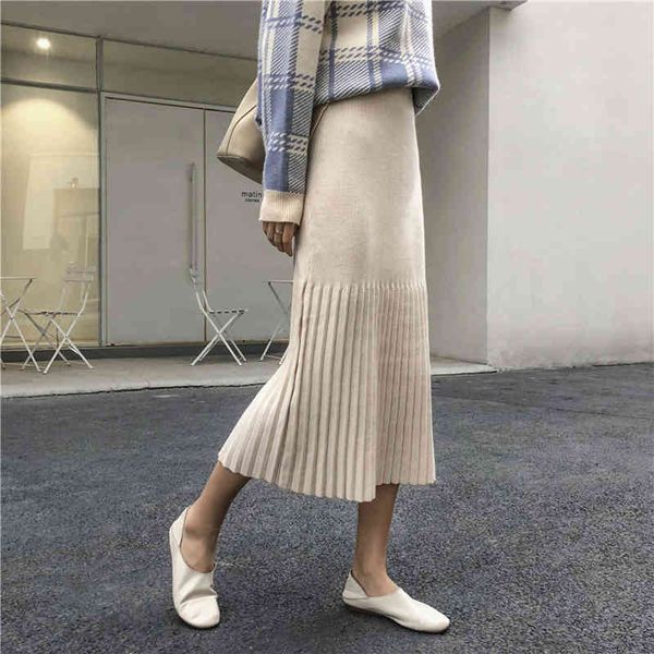 skirt high waist sweater women fashion long pleated casual skirt spring 2021, Black