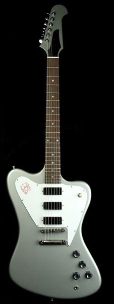 metallic silver non reverse fire thunderbird electric guitar white eagle pickguard, 3 mini humbucker pickups, grover tuners, chrome hardware
metallic silver non reverse fire thunderbird electric guitar white eagle pickguard, 3 mini humbucker pickups, grover tuners, chrome hardware