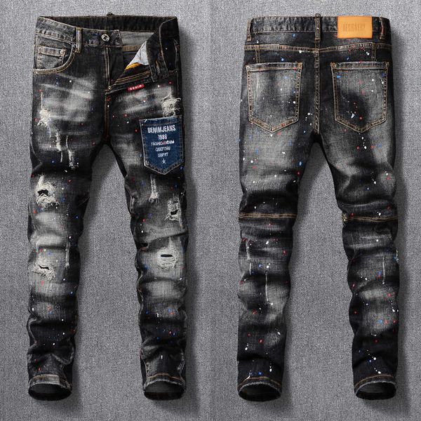 men's jeans streetwear fashion men retro black gray elastic slim fit ripped patched pocket painted designer hip hop denim pants up, Blue
men's jeans streetwear fashion men retro black gray elastic slim fit ripped patched pocket painted designer hip hop denim pants up, Blue
