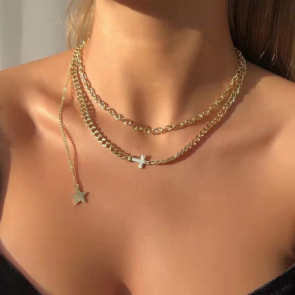 n8310 punk cross double layer necklaces classic metal five-pointed star pendant necklace women jewelry, Silver
n8310 punk cross double layer necklaces classic metal five-pointed star pendant necklace women jewelry, Silver
