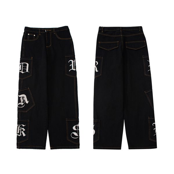 letter embroidery pockets washed black jeans pants mens and womens ripped straight oversized casual denim trousers, Blue
letter embroidery pockets washed black jeans pants mens and womens ripped straight oversized casual denim trousers, Blue