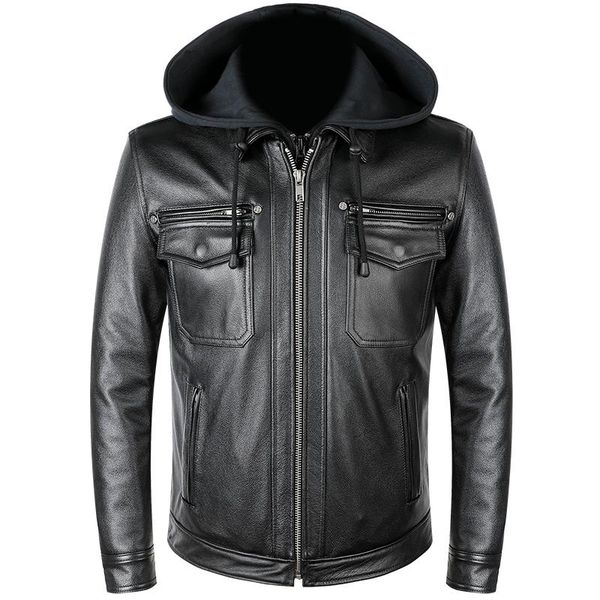 men's leather & faux winter cowhide real motorcycle biker jacket casual detachable hooded genuine jackets warm thickened coat, Black
men's leather & faux winter cowhide real motorcycle biker jacket casual detachable hooded genuine jackets warm thickened coat, Black