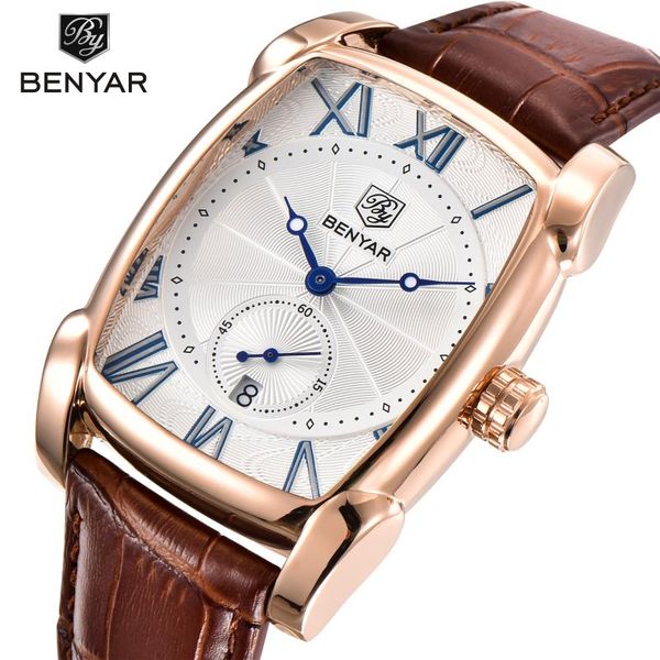 wristwatches benyar chronograph watch for men fashion sports 30m waterproof genuine leather strap luxury classic rectangle case quartz, Slivery;brown 
wristwatches benyar chronograph watch for men fashion sports 30m waterproof genuine leather strap luxury classic rectangle case quartz, Slivery;brown
