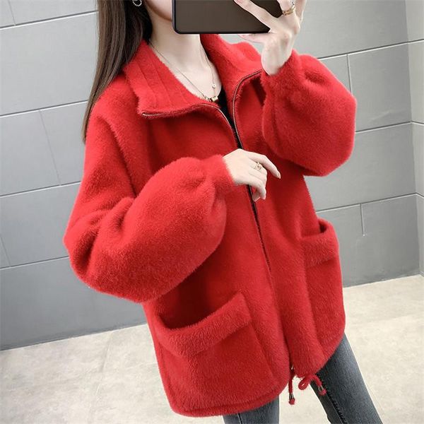 women's wool & blends 2021 autumn winter thick faux mink cashmere woolen coat women loose short outwear korean big pocket zipper jacket, Black
women's wool & blends 2021 autumn winter thick faux mink cashmere woolen coat women loose short outwear korean big pocket zipper jacket, Black