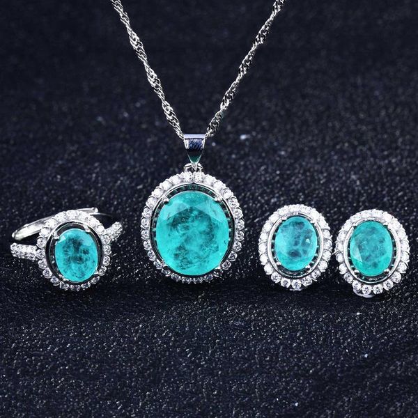 earrings & necklace classic oval jewelry with fashion paraiba tourmaline zircon charm piercing dainty necklace/ring for women wedding party, Silver
earrings & necklace classic oval jewelry with fashion paraiba tourmaline zircon charm piercing dainty necklace/ring for women wedding party, Silver