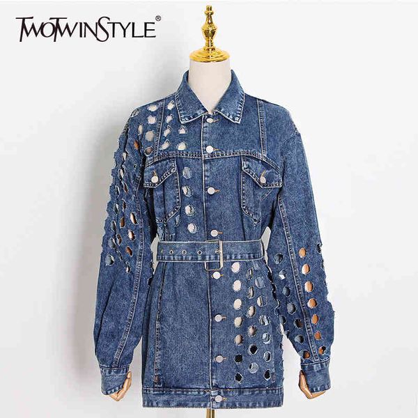 hollow out denim jacket for women lapel long sleeve high waist with sashes slim hole coat female summer 210524, Black;brown
hollow out denim jacket for women lapel long sleeve high waist with sashes slim hole coat female summer 210524, Black;brown