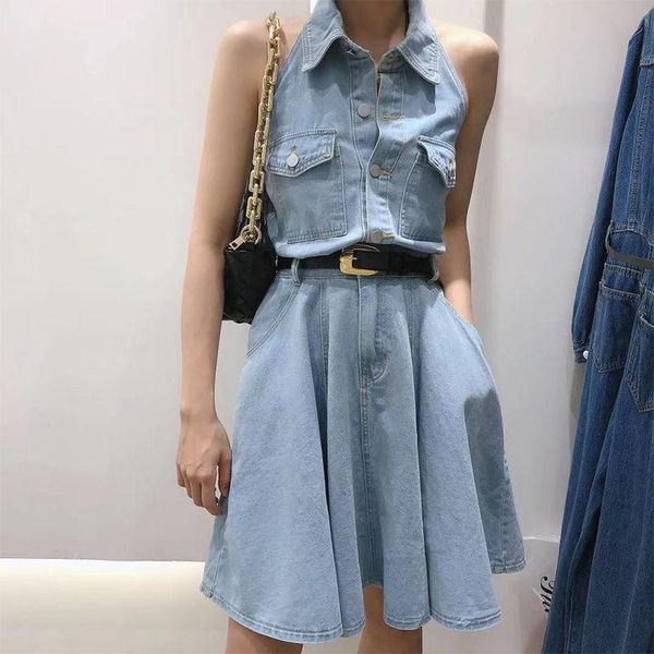 casual dresses summer women's elegant denim halter neck backless mini dress ladies streetwear a line sleeveless holiday vestidos, Black;gray
casual dresses summer women's elegant denim halter neck backless mini dress ladies streetwear a line sleeveless holiday vestidos, Black;gray