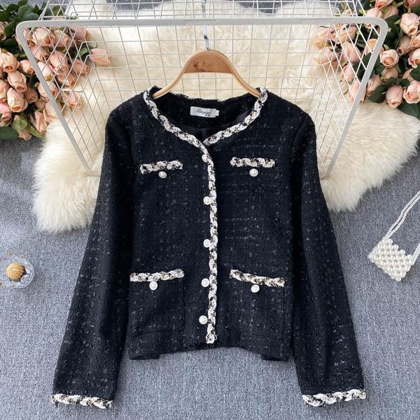 women's jackets luxury designer wool plaid coat women black vintage o neck tweed pearl buttons elegant office lady outwear korean, Black;brown
women's jackets luxury designer wool plaid coat women black vintage o neck tweed pearl buttons elegant office lady outwear korean, Black;brown