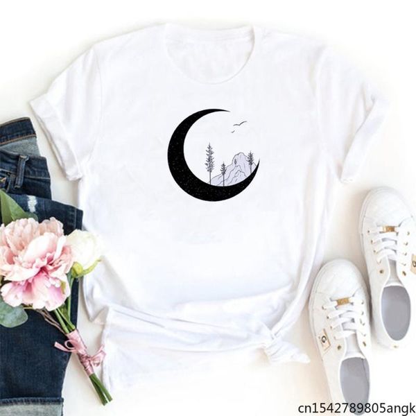 women's t-shirt crescent moon and snow mountain funny print women aesthetic femme, White
women's t-shirt crescent moon and snow mountain funny print women aesthetic femme, White