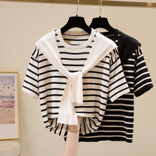 chic cotton short-sleeved women's t-shirt short section loose striped knitted cotton sweater summer o-neck pullover sweater 210604, White;black
chic cotton short-sleeved women's t-shirt short section loose striped knitted cotton sweater summer o-neck pullover sweater 210604, White;black