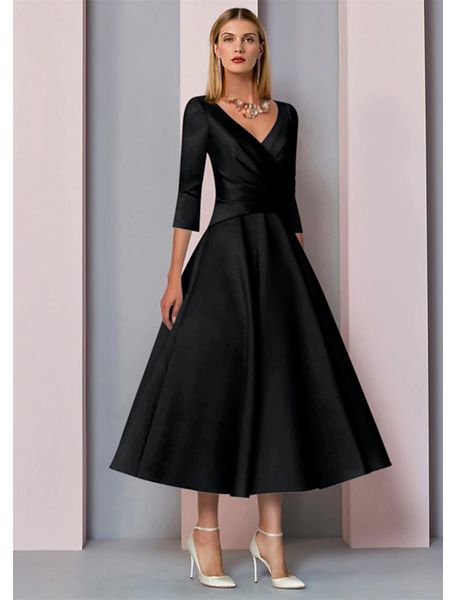 a-line mother of the bride dress plus size elegant vintage v neck tea length satin 3/4 length sleeve with pleats 2022, Black;red
a-line mother of the bride dress plus size elegant vintage v neck tea length satin 3/4 length sleeve with pleats 2022, Black;red