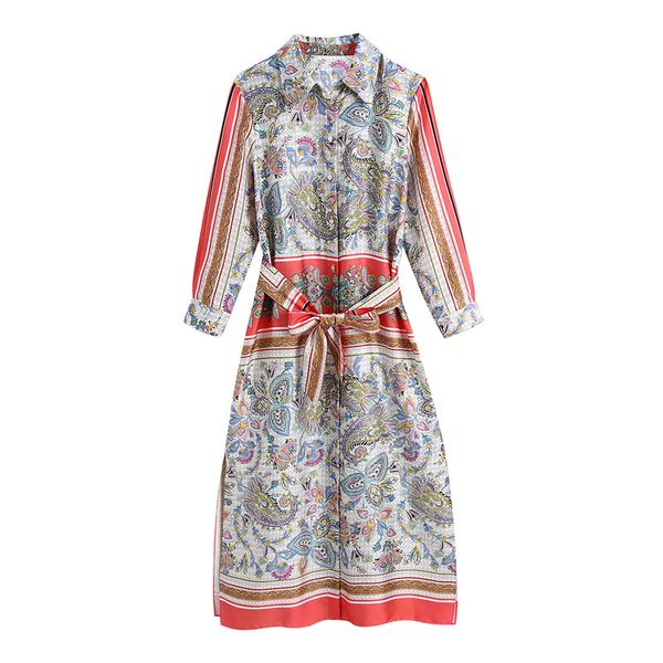women fashion with belt paisley print midi shirt dress vintage three quarter sleeve button-up female dresses mujer 210430, Black;gray
women fashion with belt paisley print midi shirt dress vintage three quarter sleeve button-up female dresses mujer 210430, Black;gray