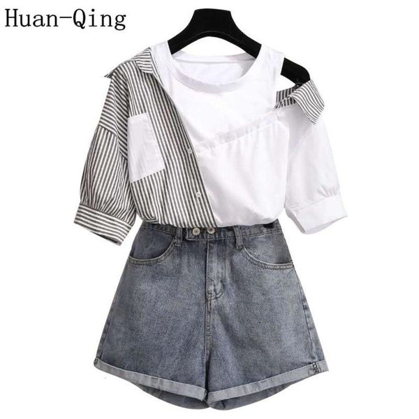 sweet summer korean plus size 2 piece set women off shoulder patchwork striped blouse + denim shorts two suit dress, White
sweet summer korean plus size 2 piece set women off shoulder patchwork striped blouse + denim shorts two suit dress, White