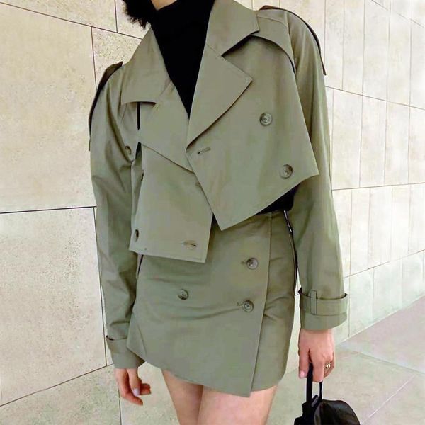 

women's trench coats women notched collar buckle sleeve crop coat and breasted button tailored mini skirt set double pea, Tan;black