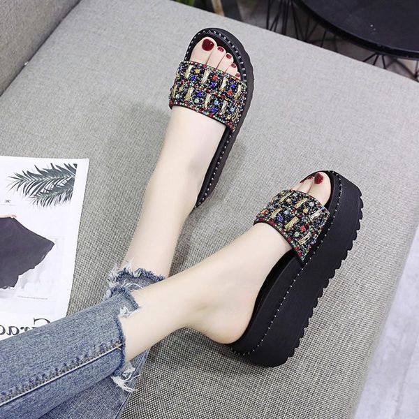 slippers one word drag sweet feng rhinestone sequins summer style rivet slope with ladies high-heeled fashion non-slip., Black
slippers one word drag sweet feng rhinestone sequins summer style rivet slope with ladies high-heeled fashion non-slip., Black