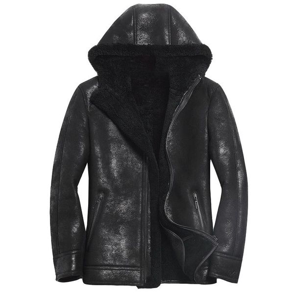 men's leather & faux genuine jacket men hooded winter real wool fur coat sheepskin shearling 755kj1135, Black
men's leather & faux genuine jacket men hooded winter real wool fur coat sheepskin shearling 755kj1135, Black