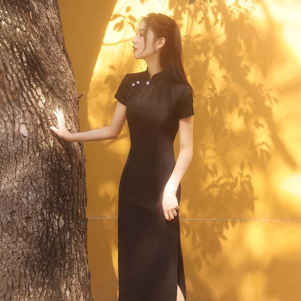 summer improved cheongsam chinese style black girls' performance dress daily, Black;gray 
summer improved cheongsam chinese style black girls' performance dress daily, Black;gray