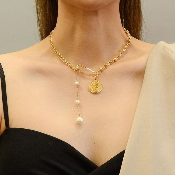 european and american  fashion cool design sense pin coin pearl pendant necklace female titanium steel necklace pendant necklaces, Silver
european and american  fashion cool design sense pin coin pearl pendant necklace female titanium steel necklace pendant necklaces, Silver